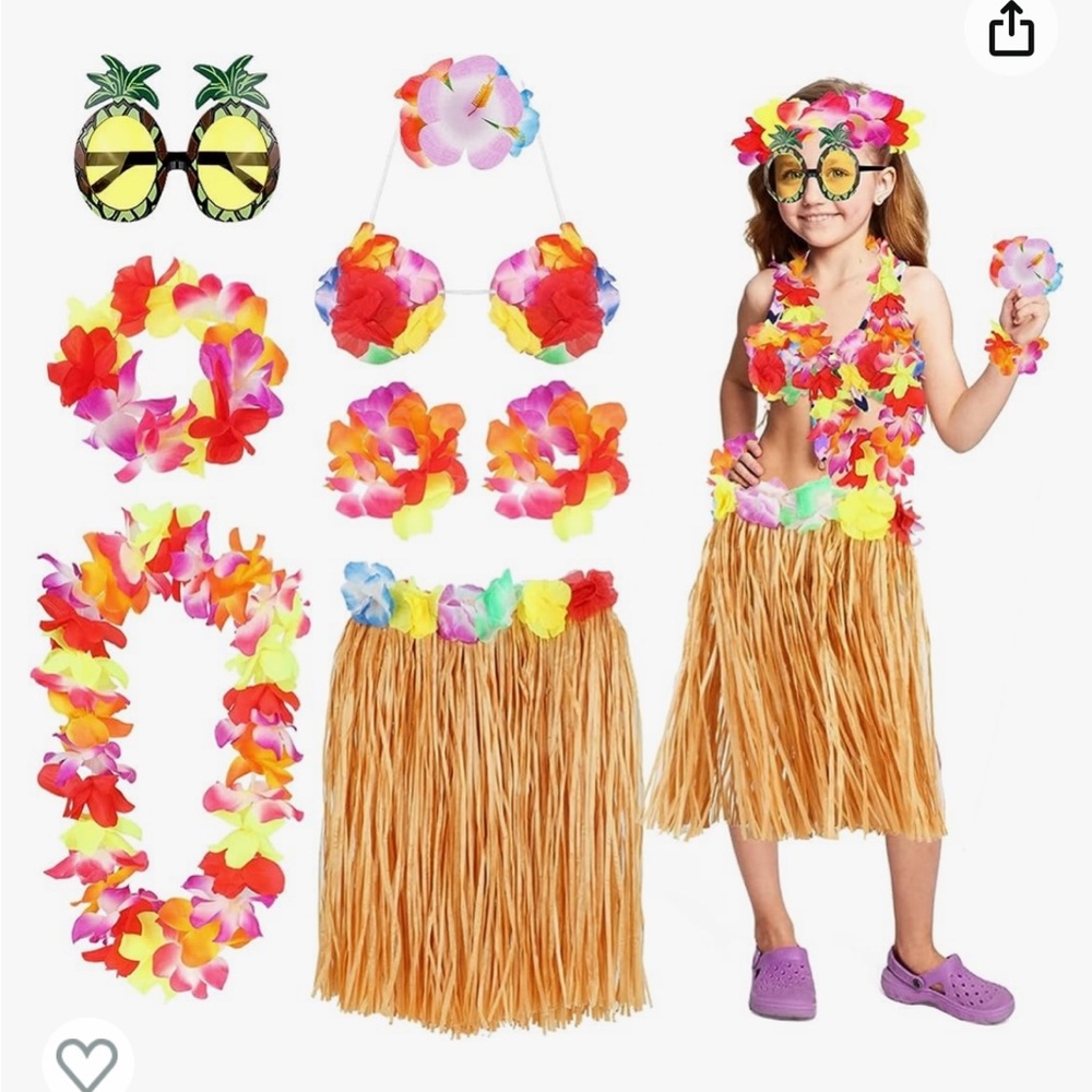 Small Hula girl costume with straw skirt, two flowered pieces for the top,& more